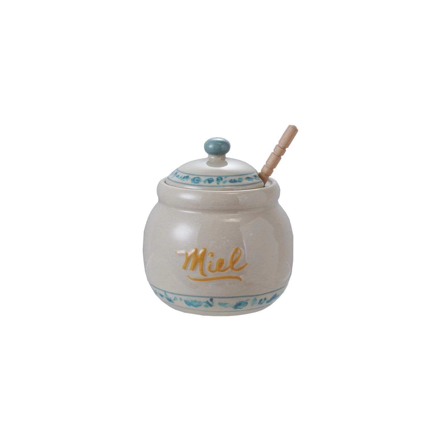 Stoneware Honey Jar with Lid & Wood Dipper "Miel", Set of 2
