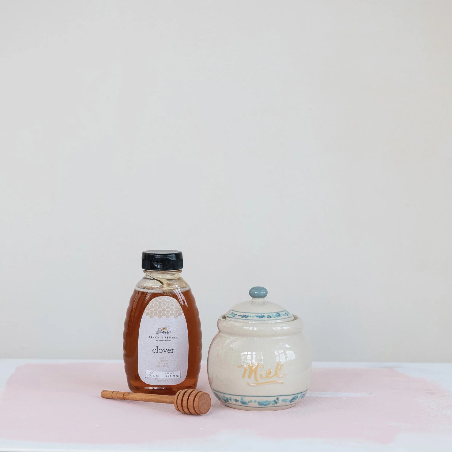 Stoneware Honey Jar with Lid & Wood Dipper "Miel", Set of 2