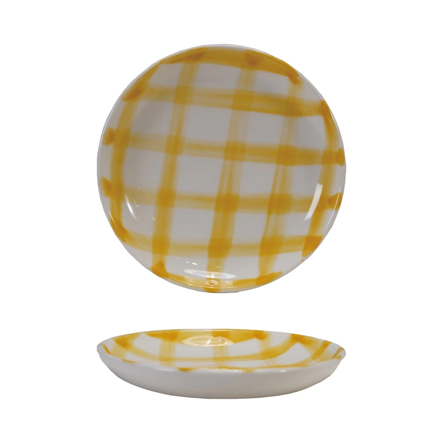 Hand-Painted Stoneware Dish with Grid Pattern