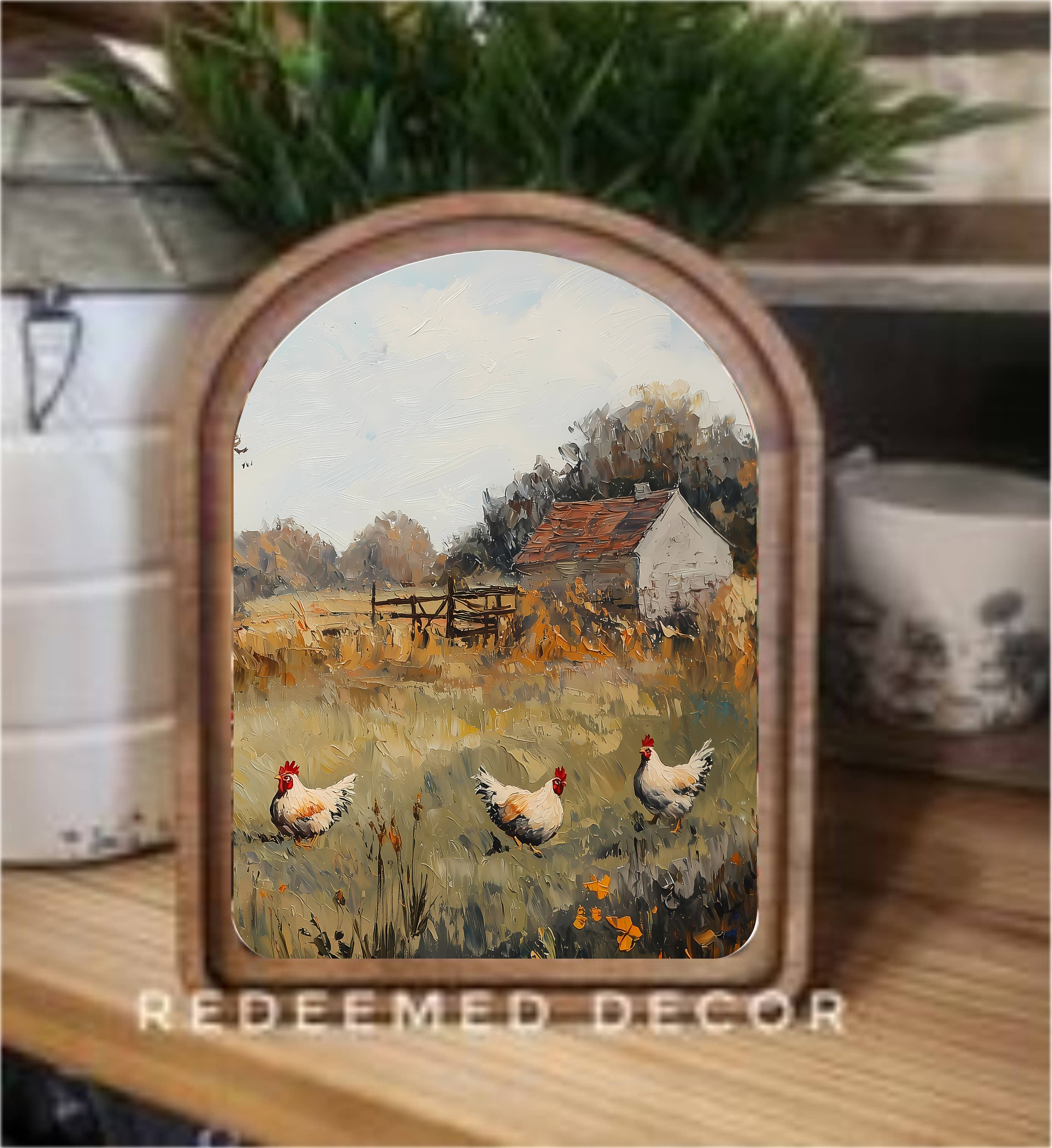 Arch Top Chicken Painting Framed Art