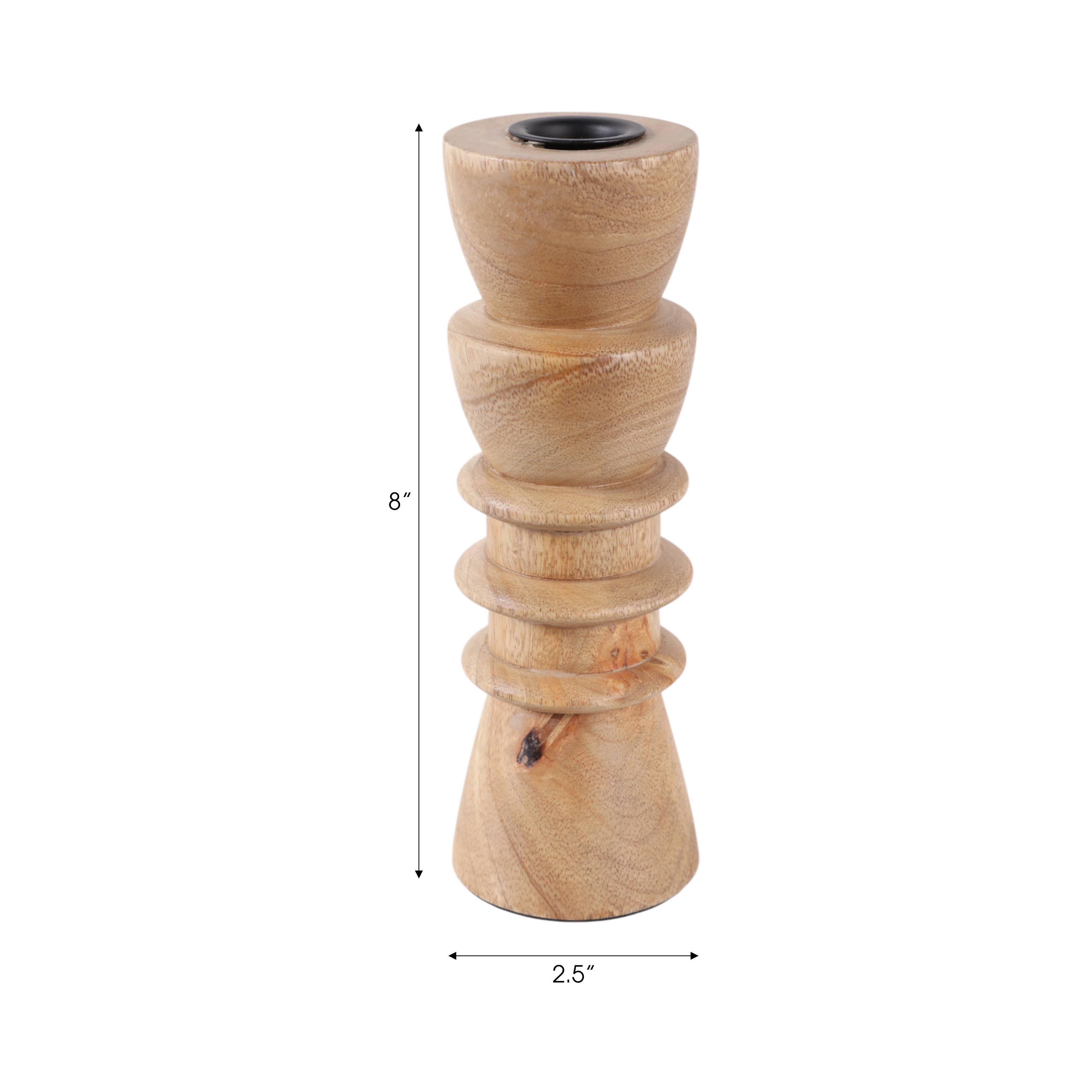 Taper Holder - Tan Wood/Metal Modern Totem Carved, 8 in.
