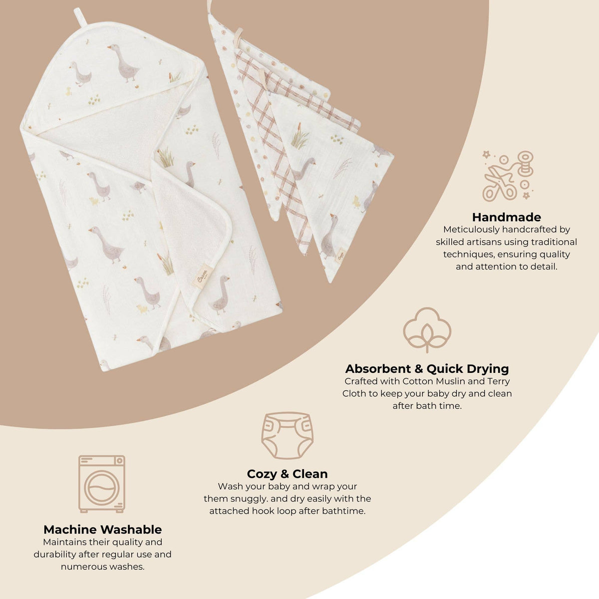 Charlie Farmhouse Goose Hooded Towel & Wash Cloth Set
