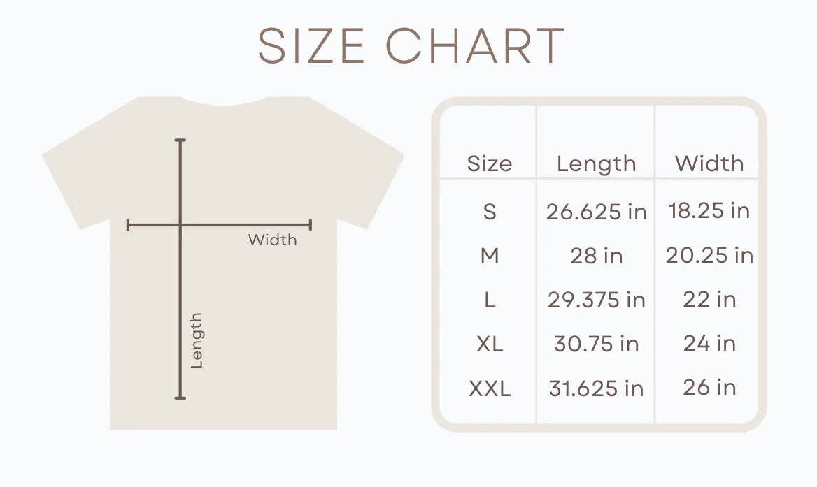 A size chart graphic showing a simple T-shirt outline with labeled length and width measurement lines, alongside a size table listing S through XXL with corresponding length and width measurements on a light gray background.