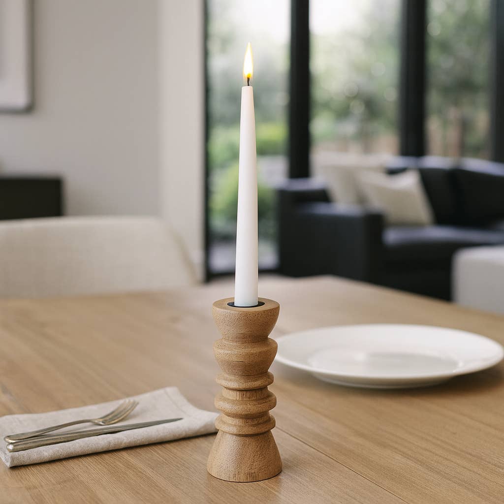 Taper Holder - Tan Wood/Metal Modern Totem Carved, 6 in.