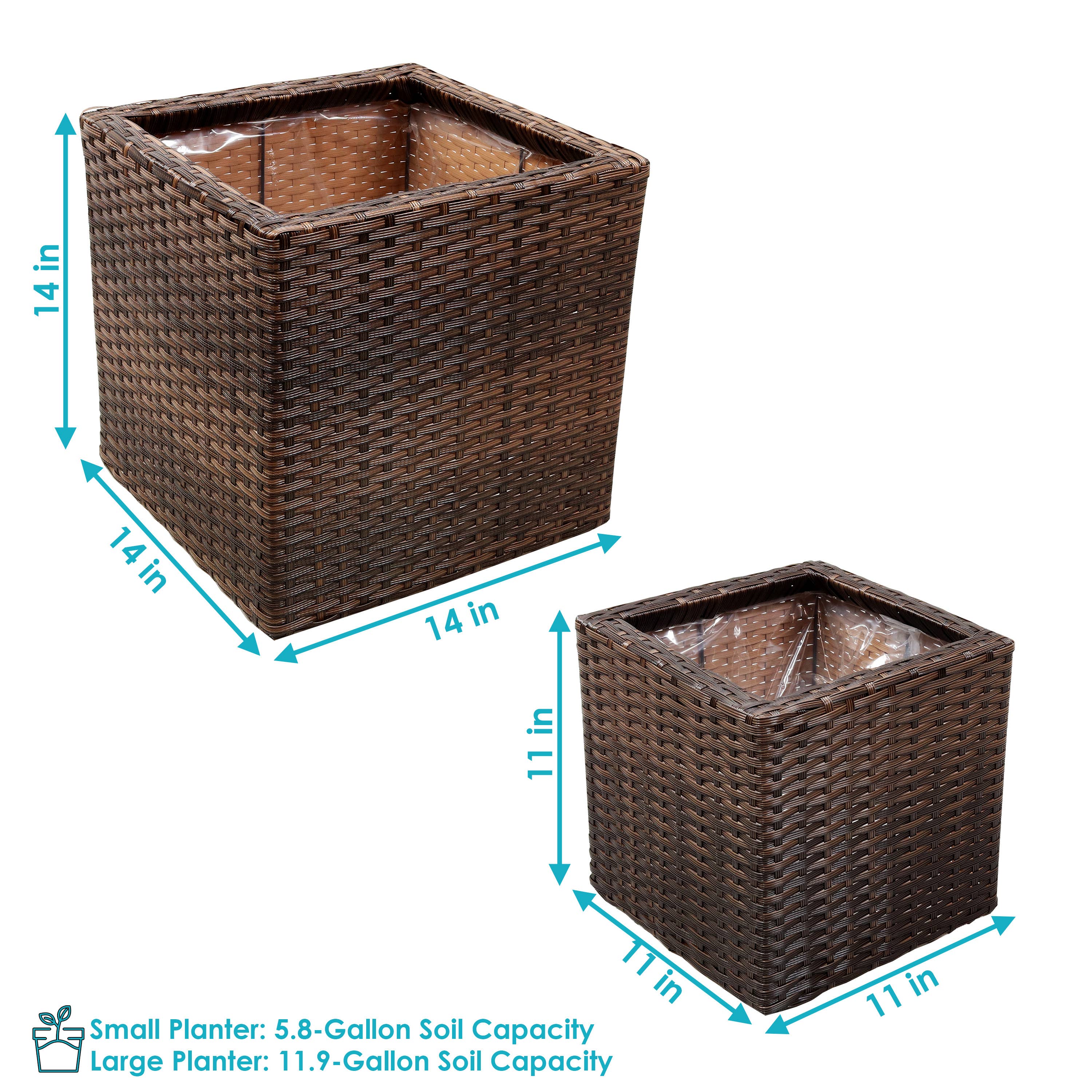 Square Polyrattan Indoor Planters - 1 Large/1 Small - Brown