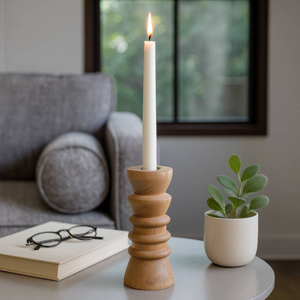 Taper Holder - Tan Wood/Metal Modern Totem Carved, 6 in.