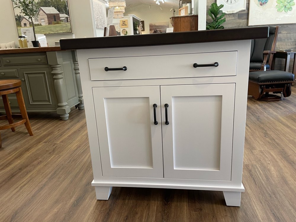 Amish made white kitchen island in solid maple with a hardwood butcher block top - handcrafted furniture
