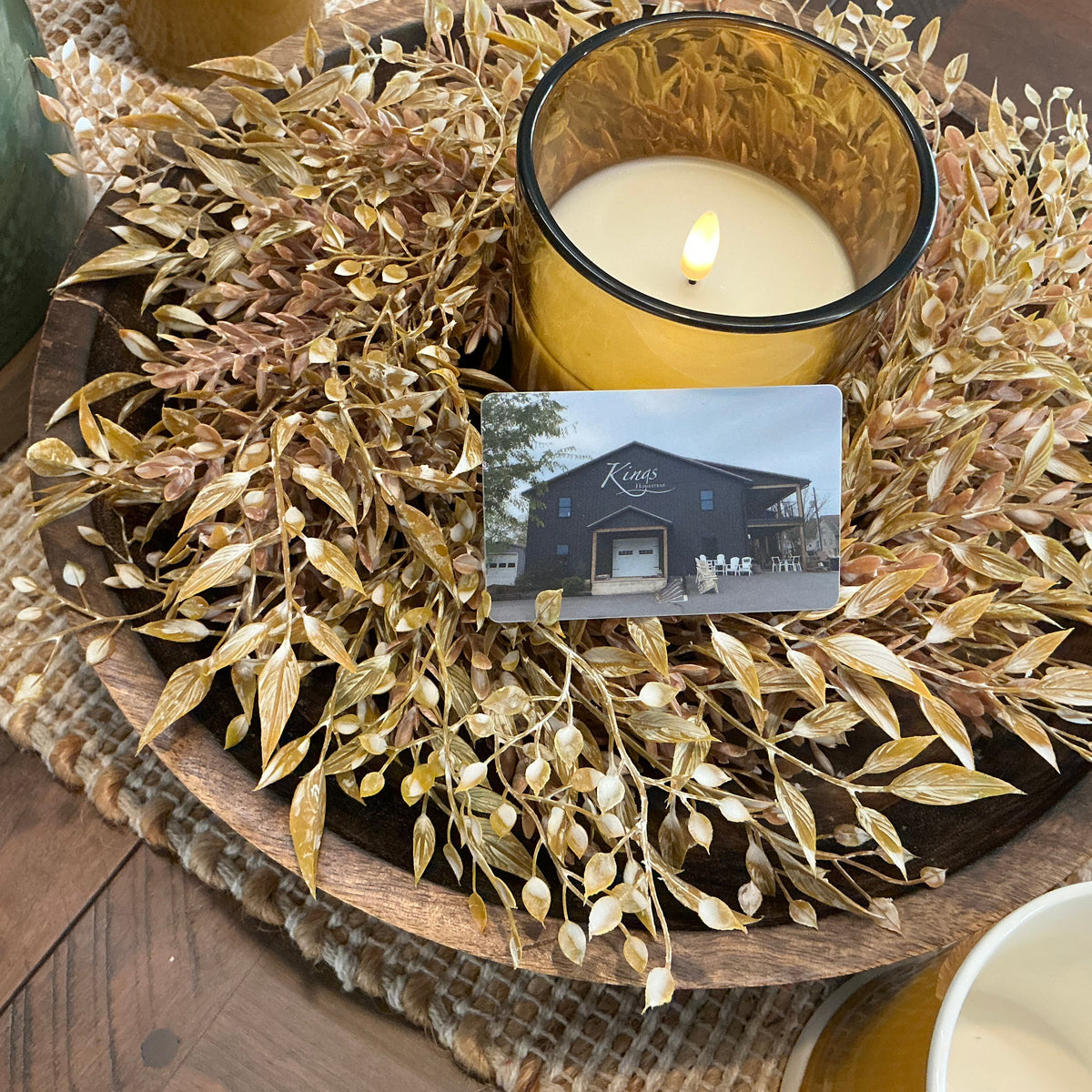 King's Homestead gift card set within candle ring