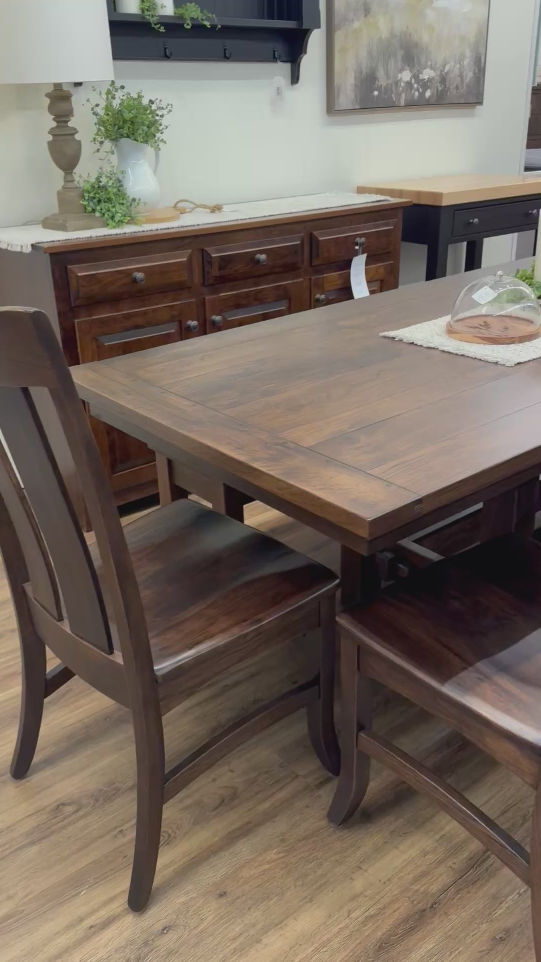 Amish made Sutter Mills trestle dining table in solid Hickory wood with six matching chairs - handcrafted furniture in Lancaster Pennsylvania