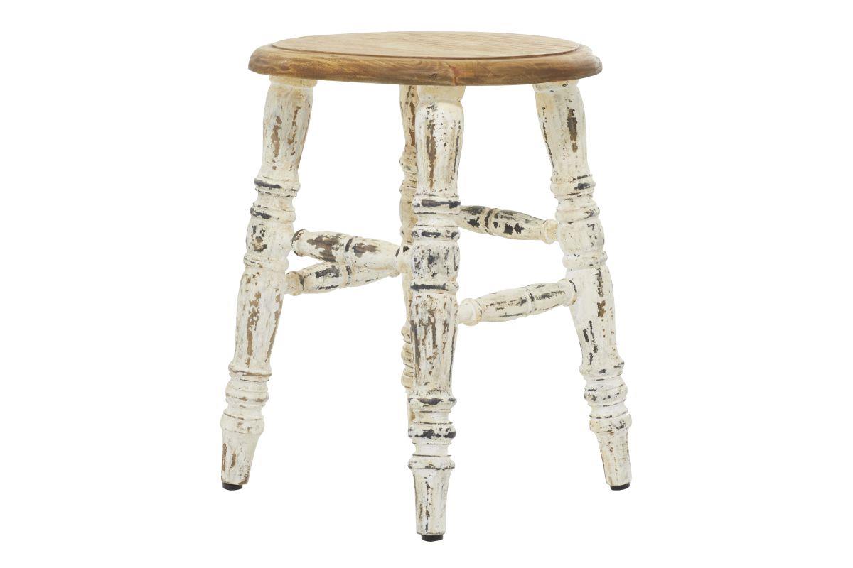 Handcrafted wooden stool in distressed white