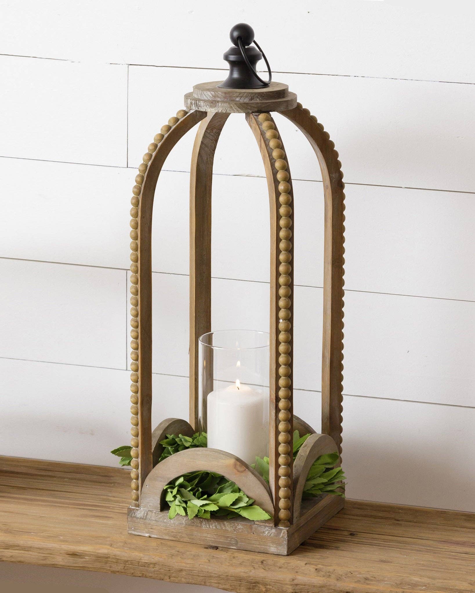 Lantern - Wood With Beading, Lg