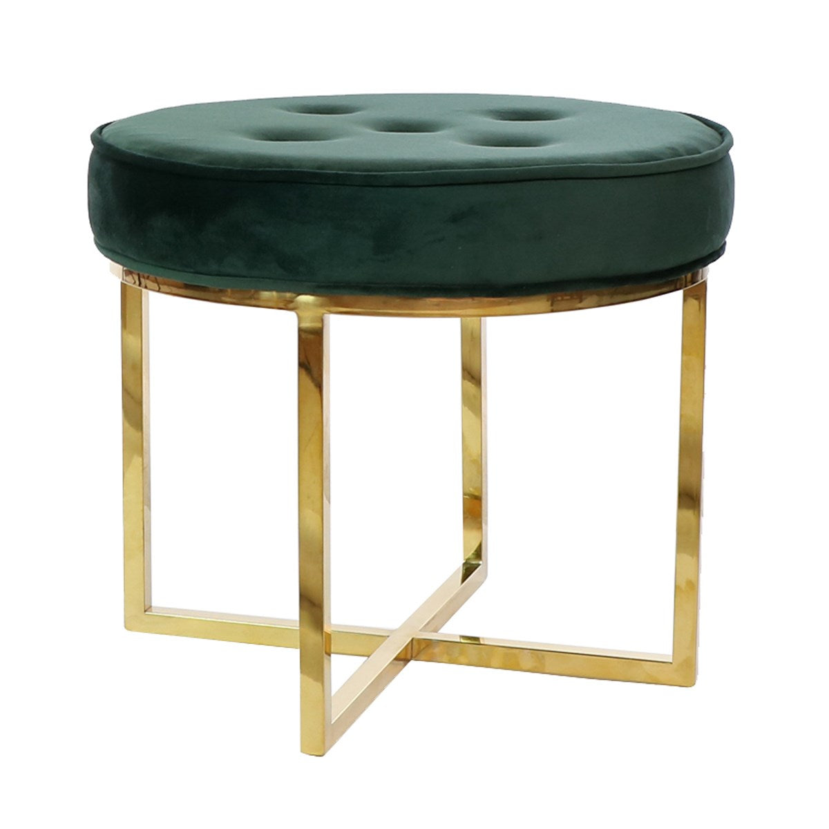 Upholstered emerald colored ottoman with metal legs
