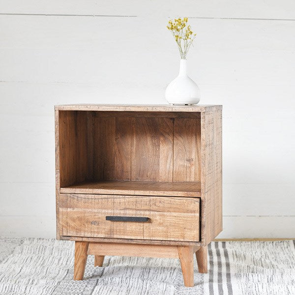 Acacia side table with one drawer