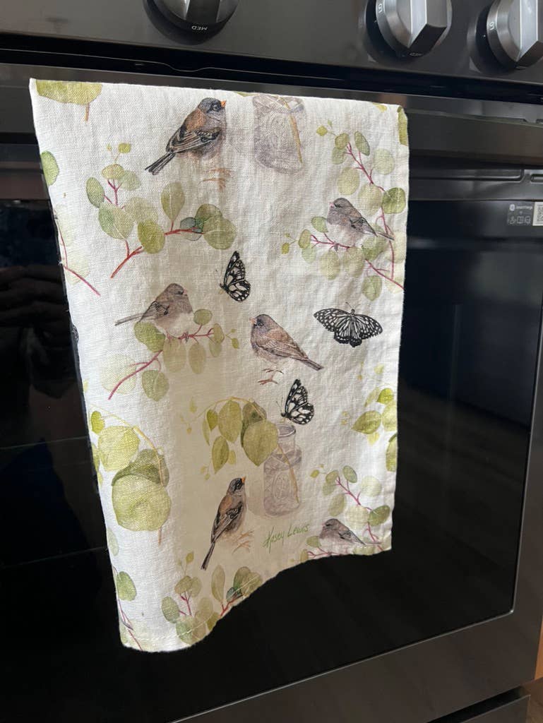 Dark Eyed Juncos & Black Butterflies - Linen Tea Towel