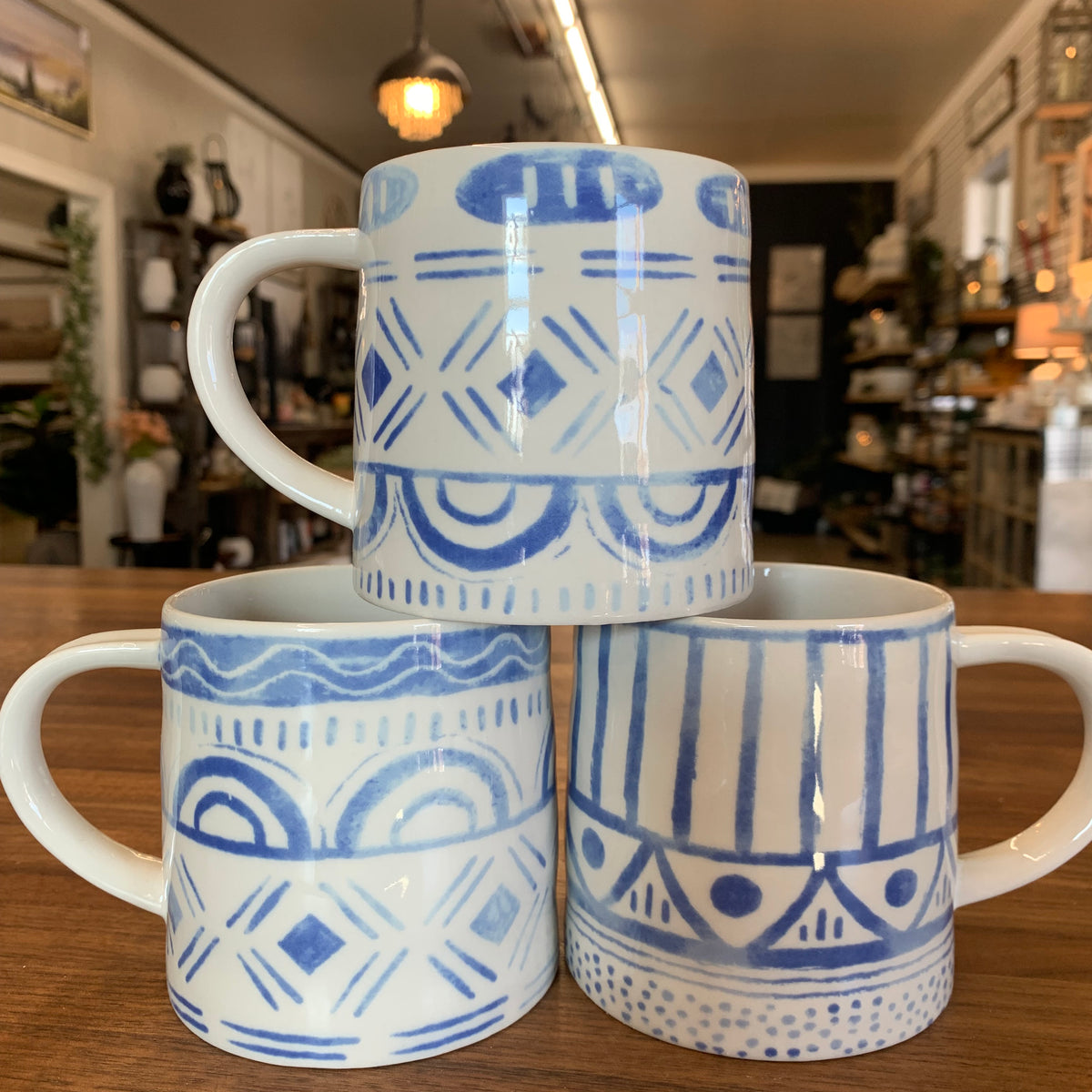 Blue & White Stoneware Mug with Tile Pattern