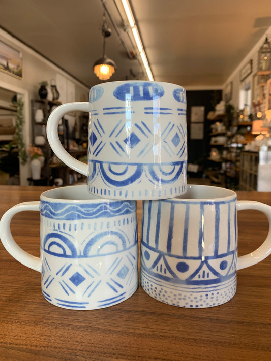 14 oz. Stoneware Mug with Tile Pattern, Blue & White, 4 Styles