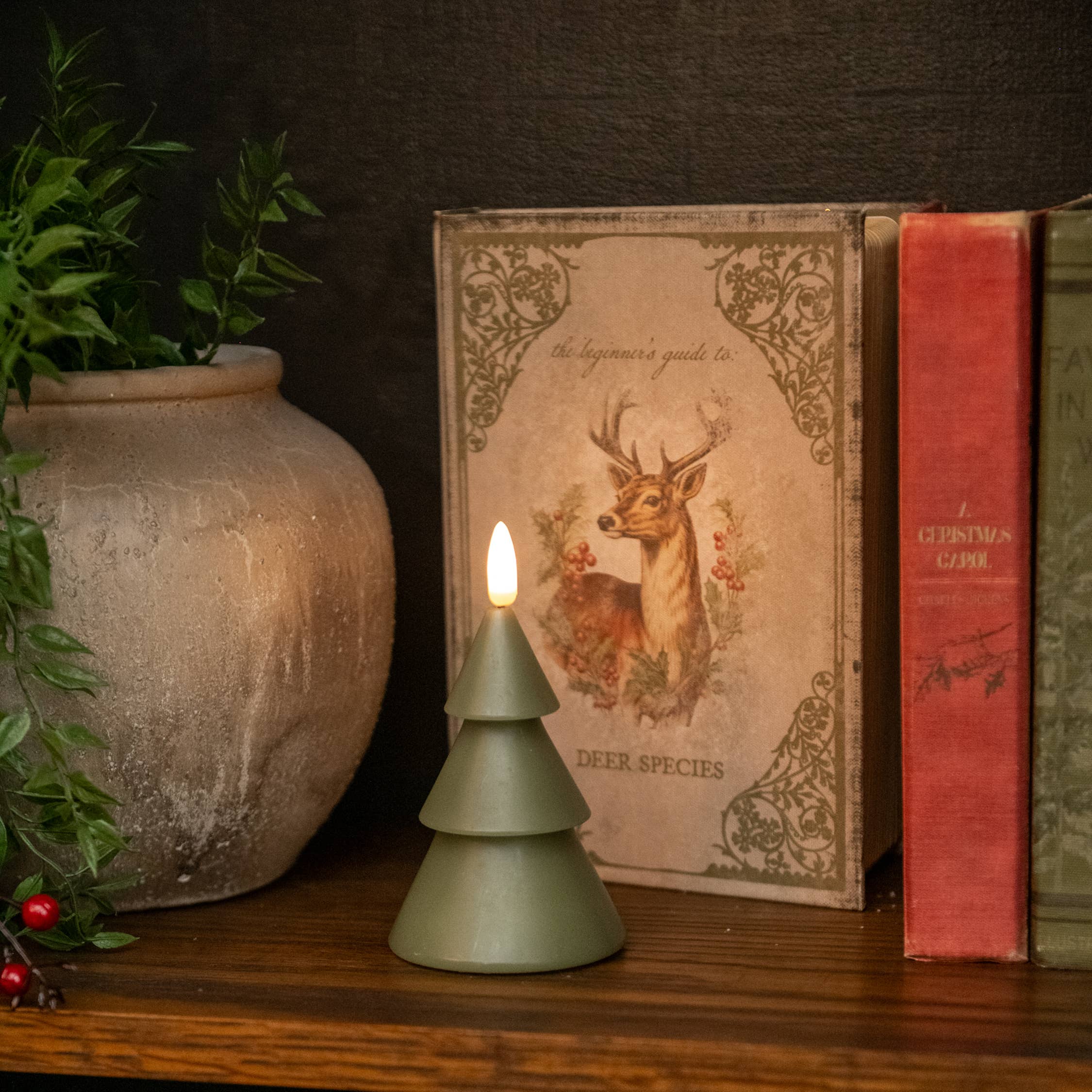 5" DARK GREEN 3D FLAME SMOOTH TREE CANDLE