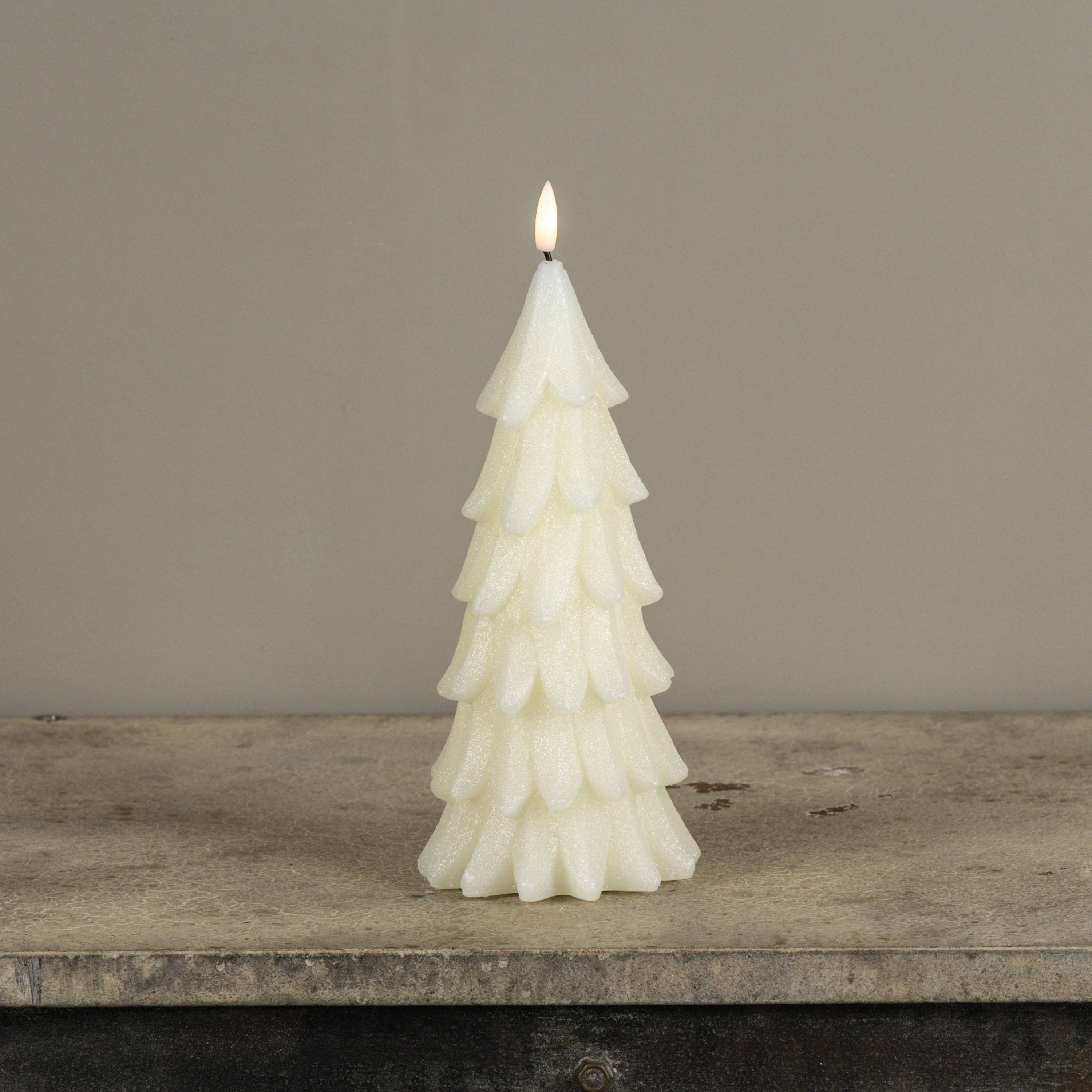 9.25" CREAM SHIMMER 3D FLAME ALABASTER PINE TREE CANDLE