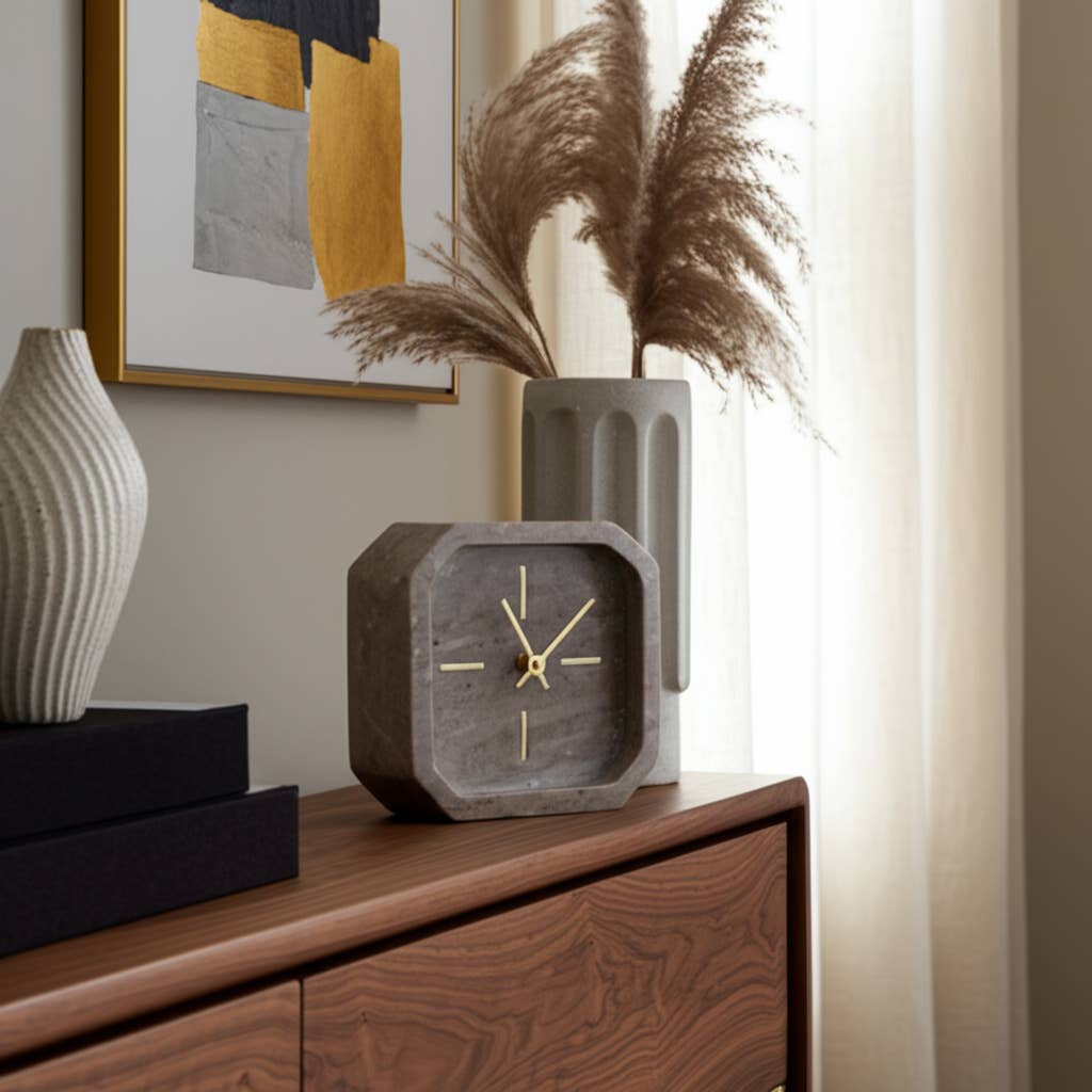 Brown/Gold 6 in. Modern Marble Octagon Table Clock