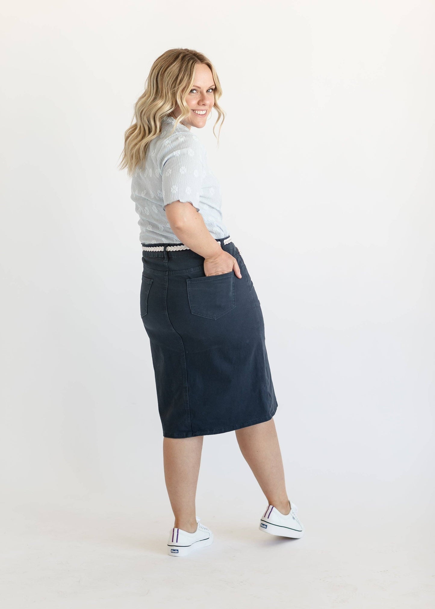 Remi Navy Denim Midi Skirt