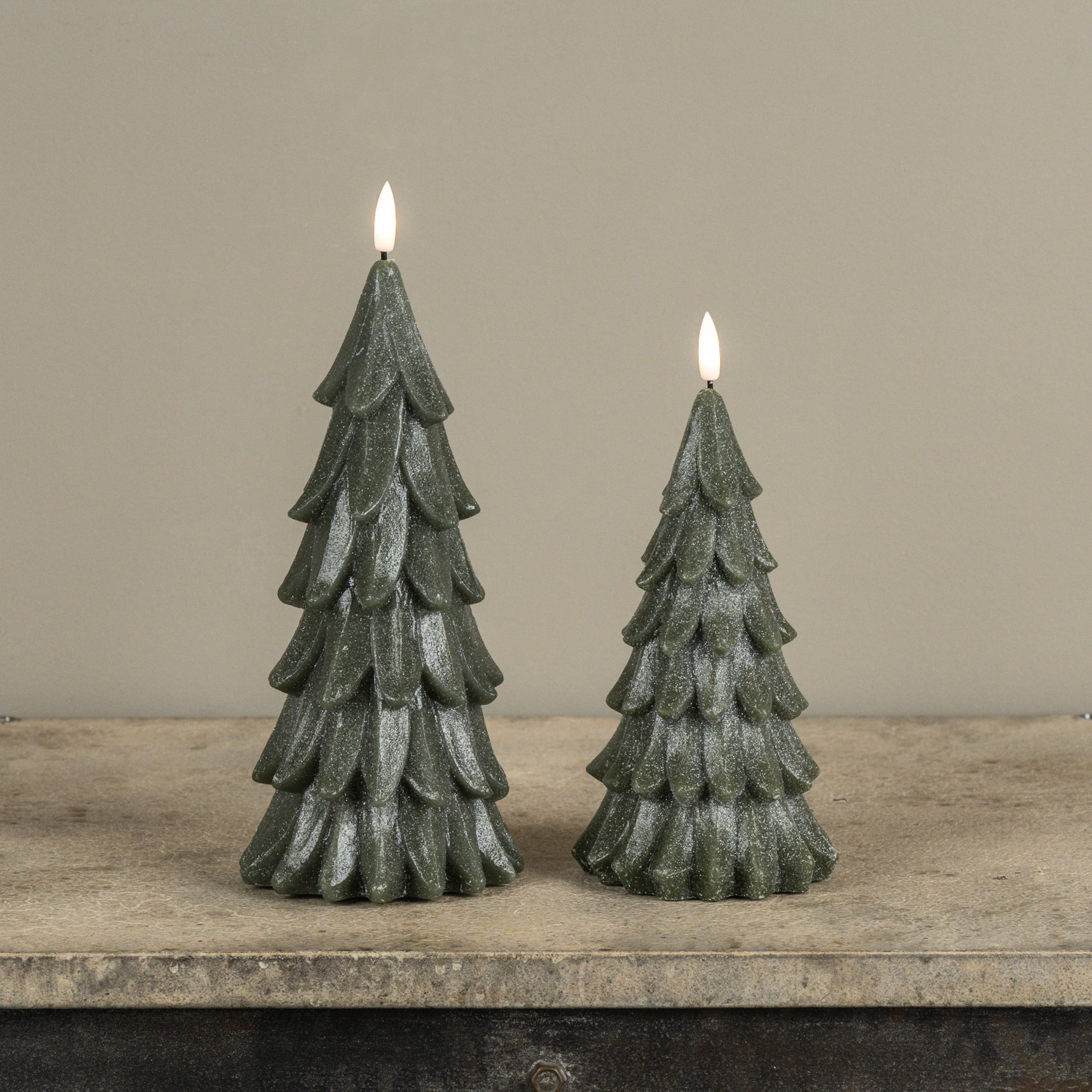 8" GREEN SHIMMER 3D FLAME ALABASTER PINE TREE CANDLE