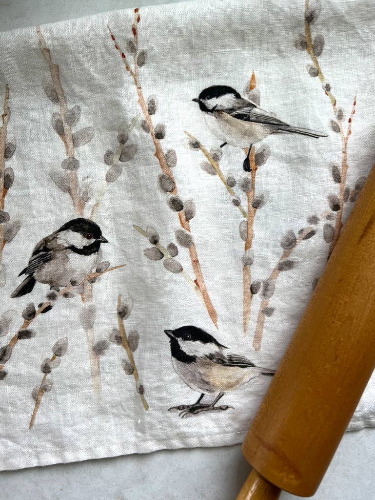 Black Capped Chickadees and Pussy Willows - Linen Tea Towel