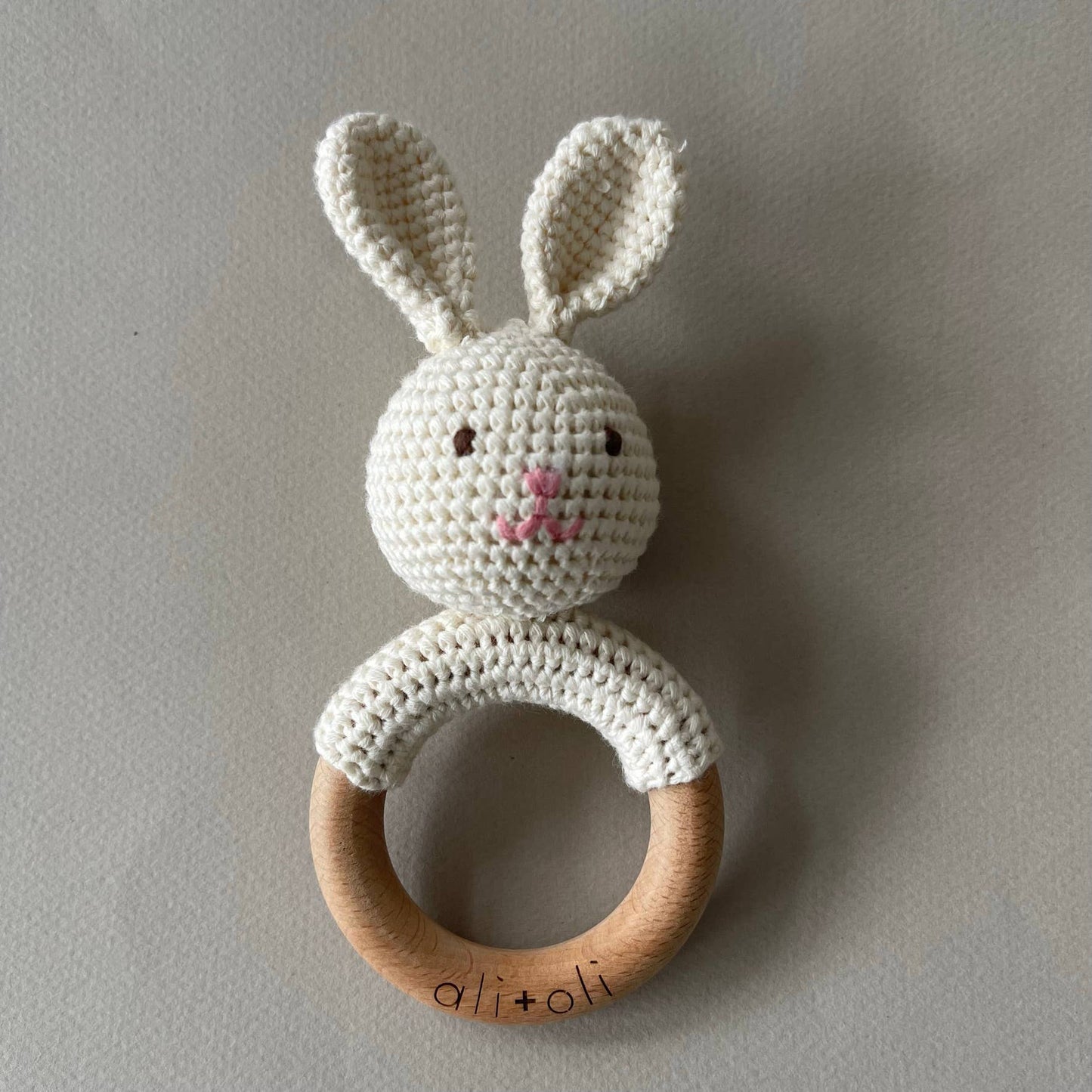 Baby Teething Toy Rattle Wood Ring Crochet (Bunny)