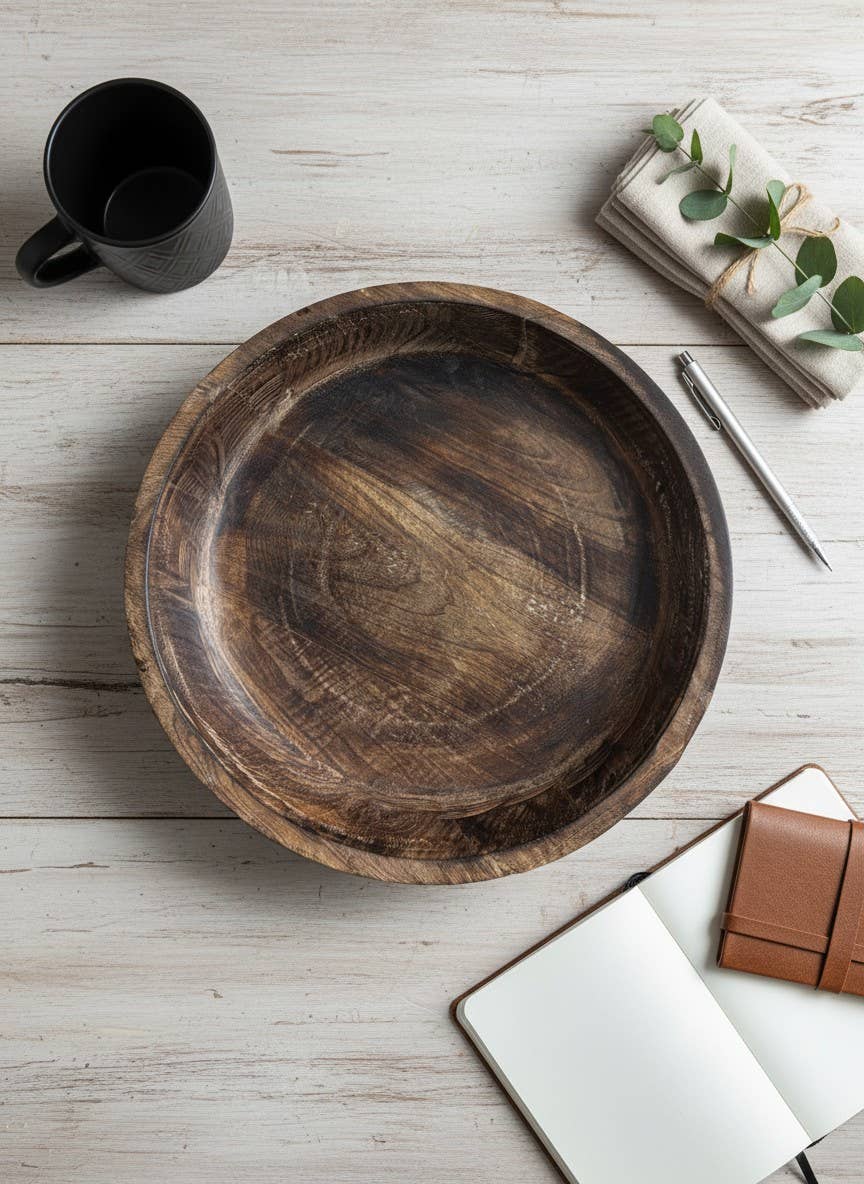 Dark Wooden Bowl 14x14x2.5in