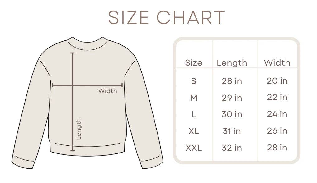A size chart graphic showing a simple line drawing of a long-sleeve top with measurement arrows for length and width, alongside a size table listing S through XXL with corresponding length and width measurements.