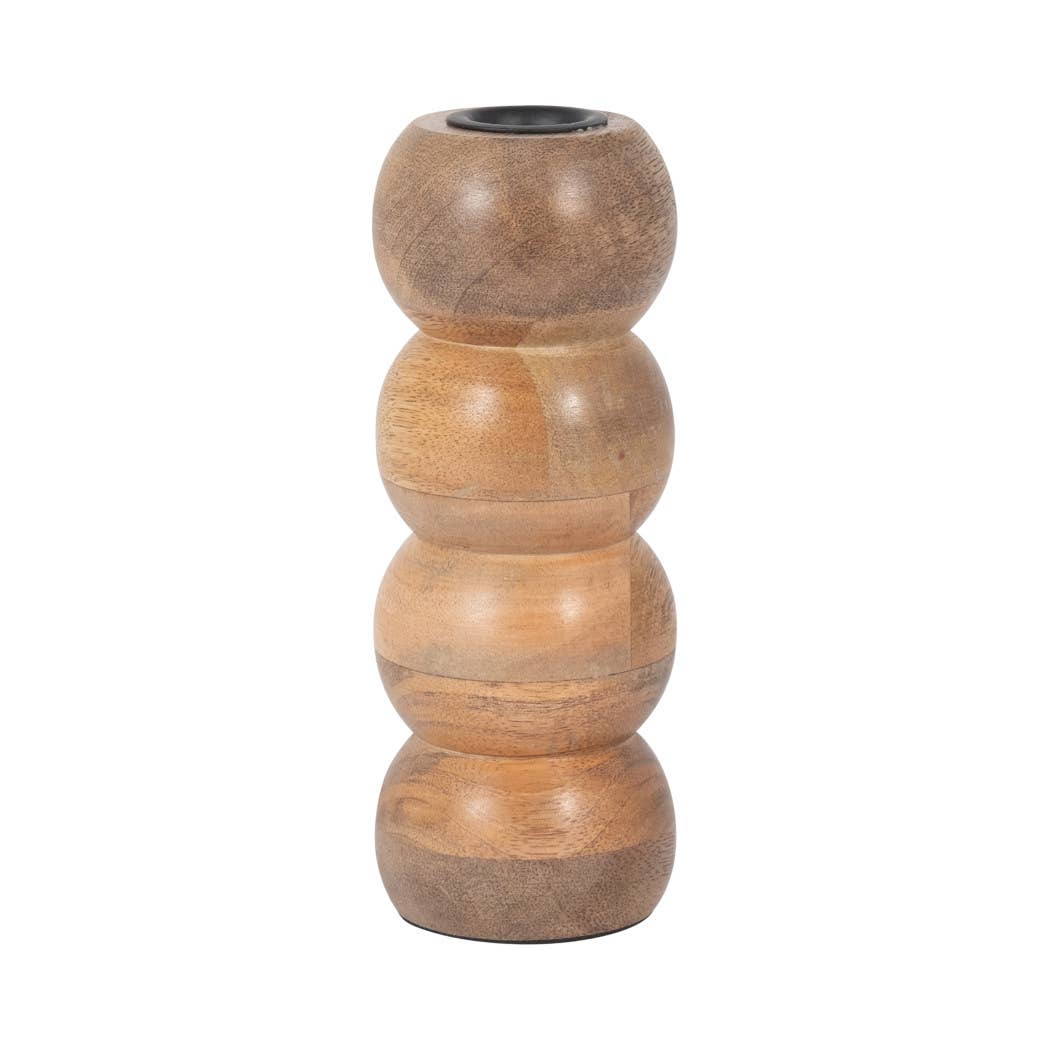 Wood Round Stacked Ribbed Candle Holder - Brown, 7 in.
