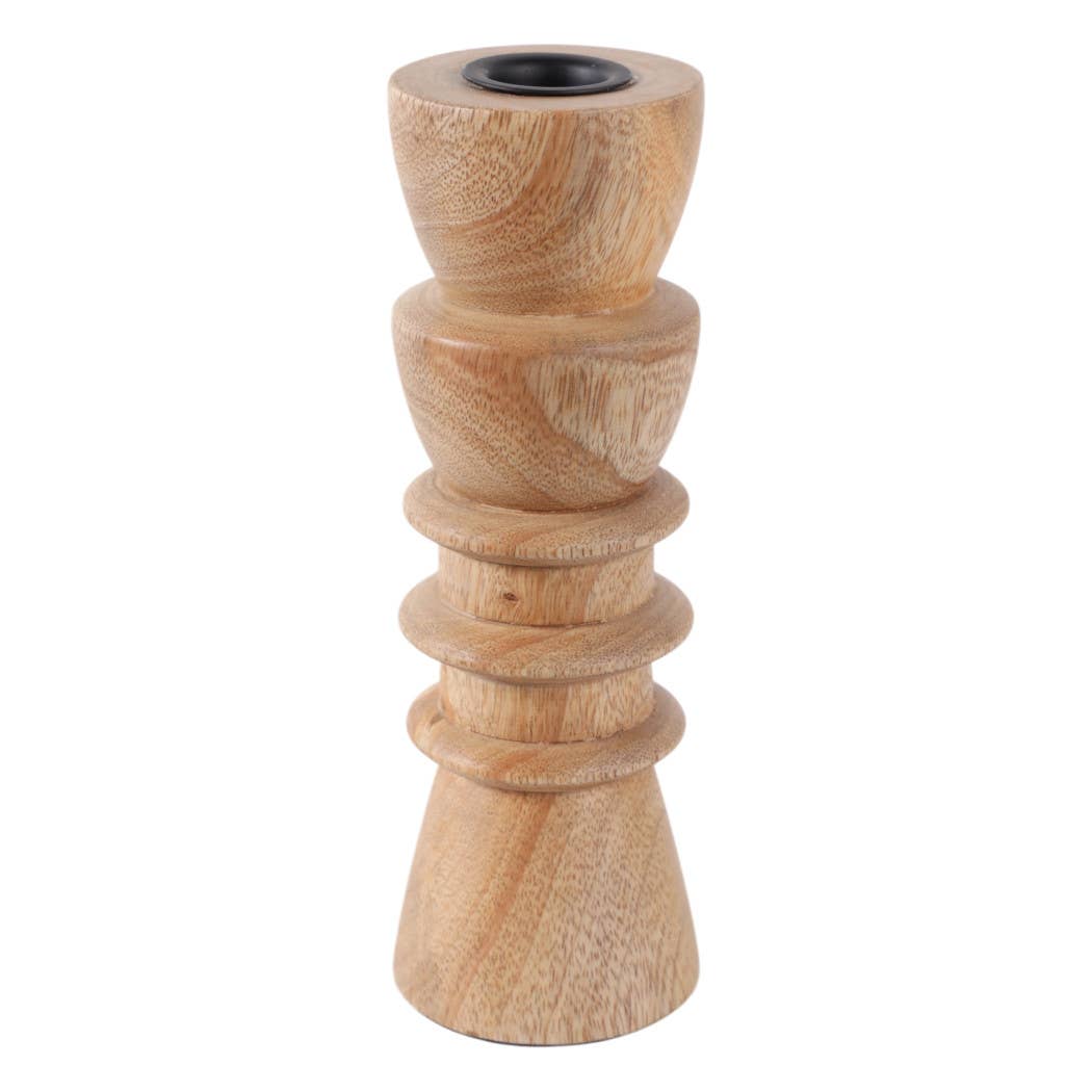 Taper Holder - Tan Wood/Metal Modern Totem Carved, 8 in.