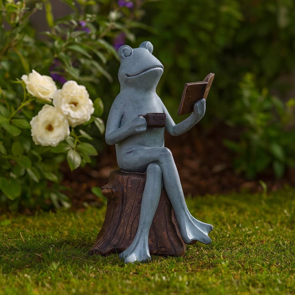 Figurine - Green Resin Frog with Book and Coffee, 13 in.