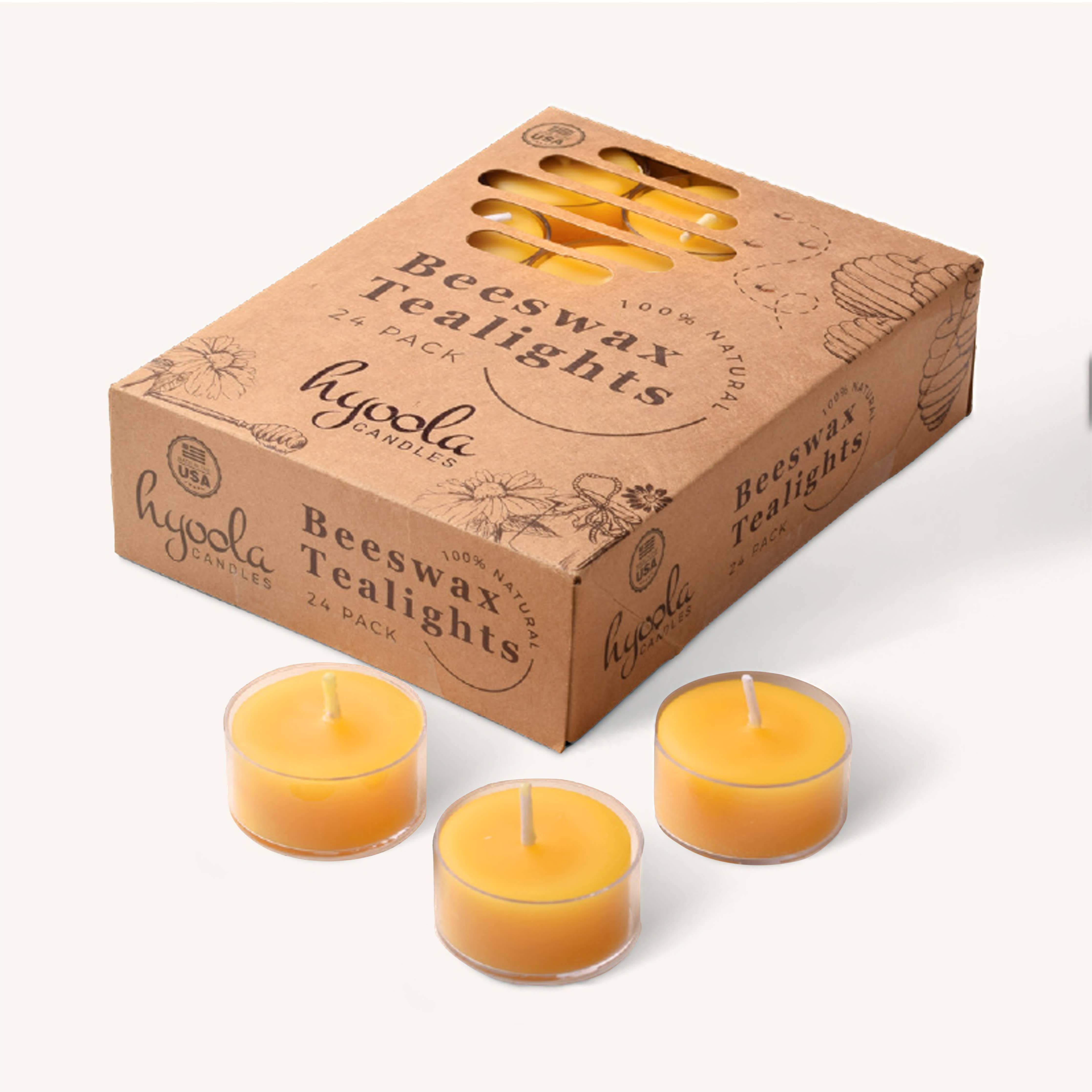 Yellow Beeswax Tealights in Clear Cup - 4 Hours - 24 Pack