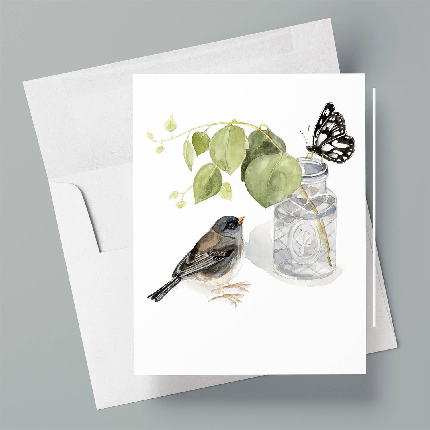 Dark Eyed Junco with a Butterfly Friend /Blank Greeting Card