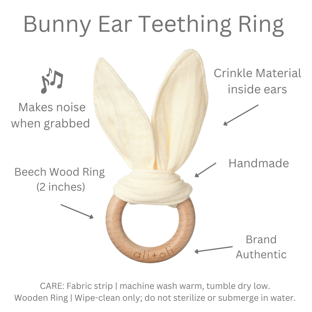 Crinkle Bunny Ears Wooden Ring Teething Toy for Baby (Beige)