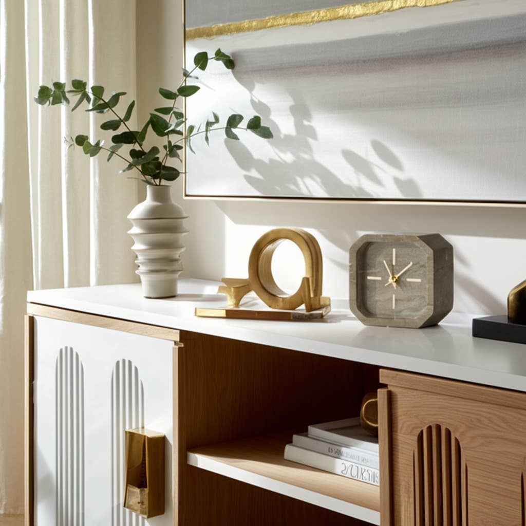 Brown/Gold 6 in. Modern Marble Octagon Table Clock
