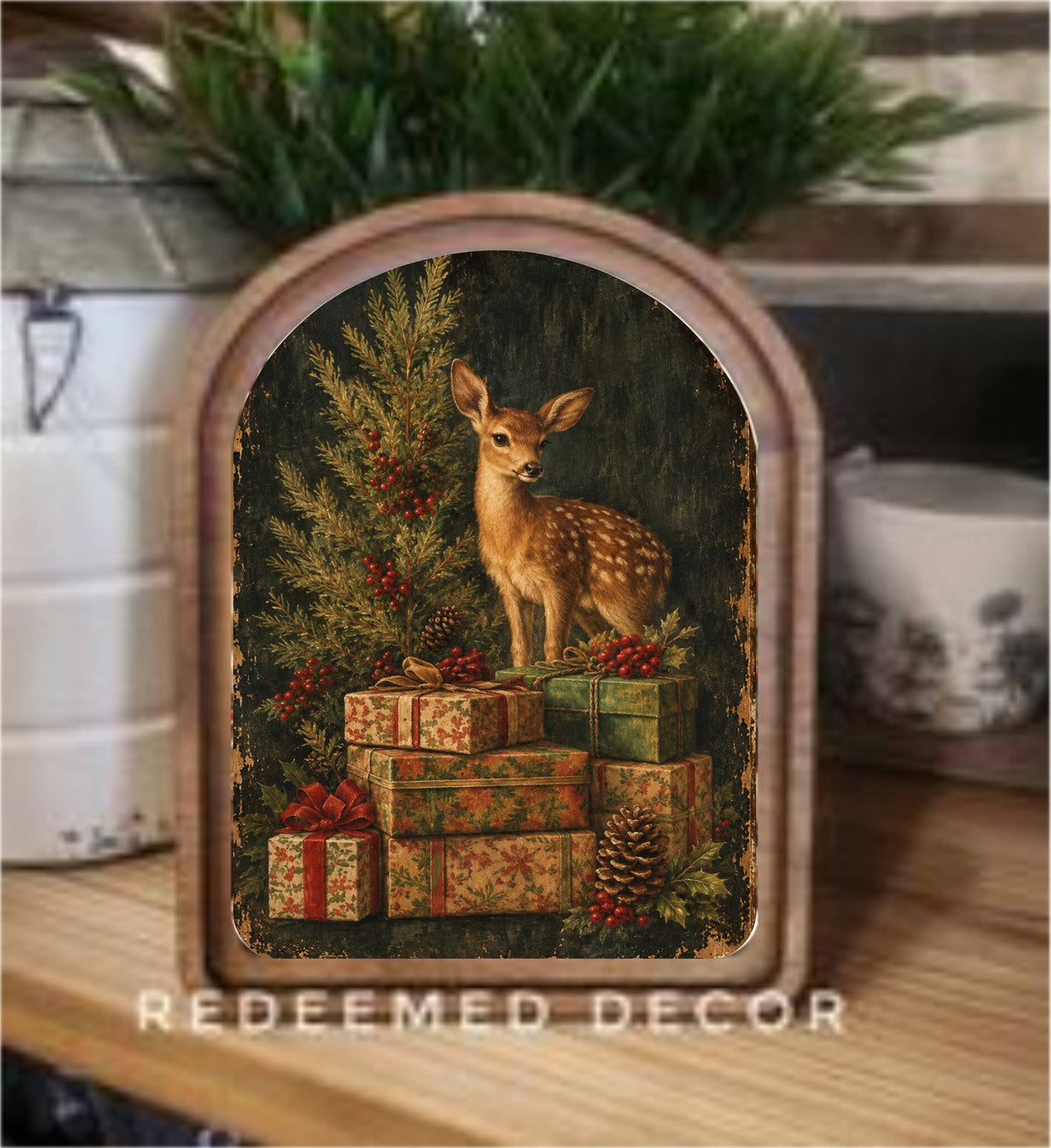 Arch Top Deer With Gifts Framed Art