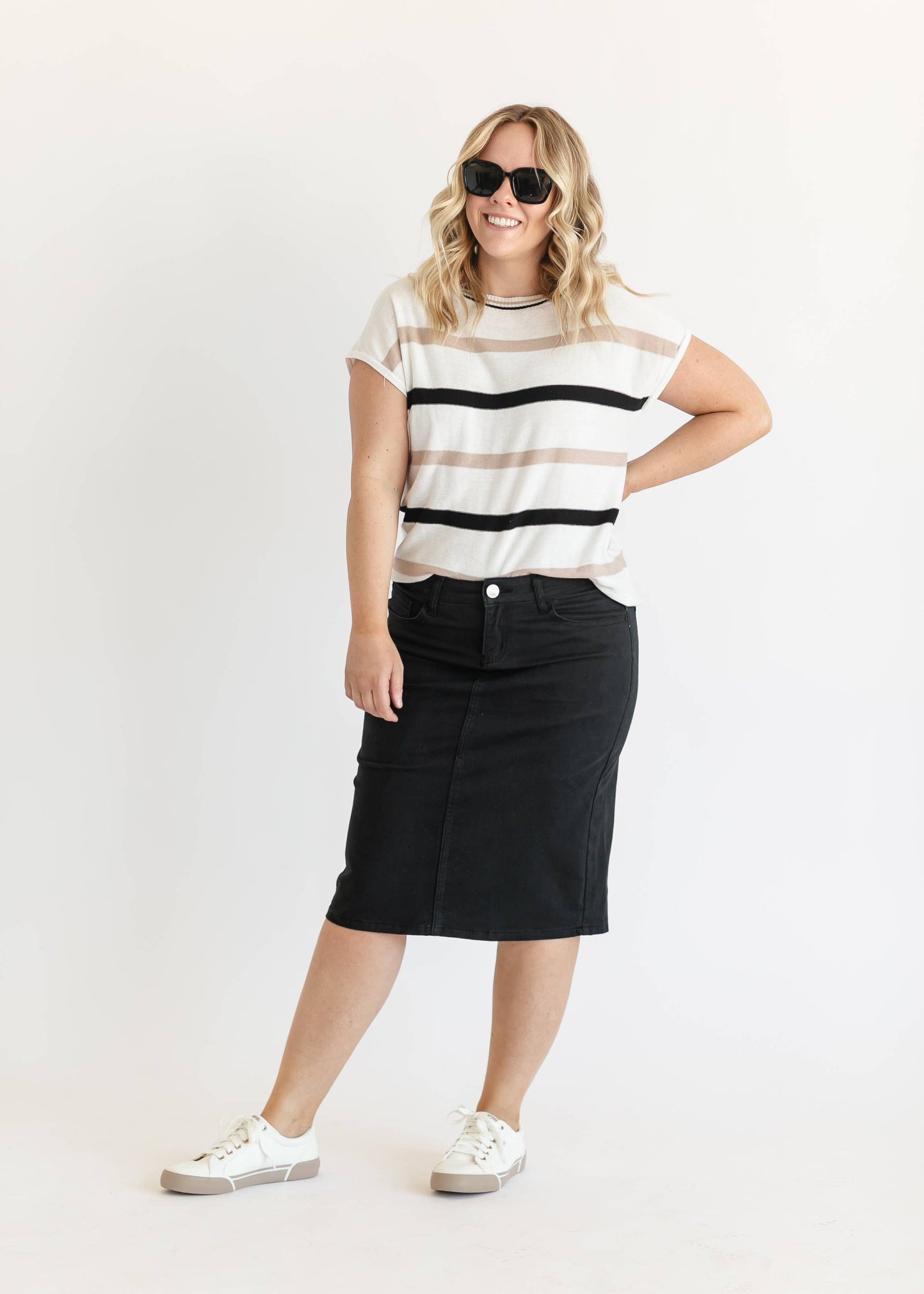 Remi Jet Black Denim Midi Skirt