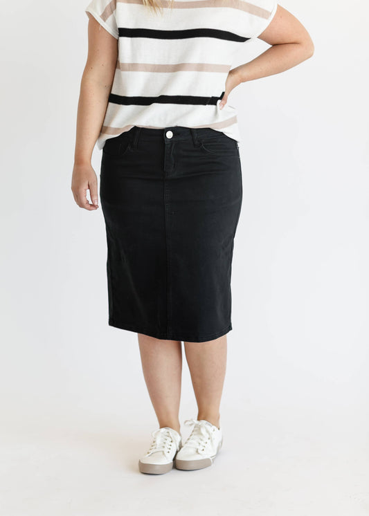 Remi Jet Black Denim Midi Skirt