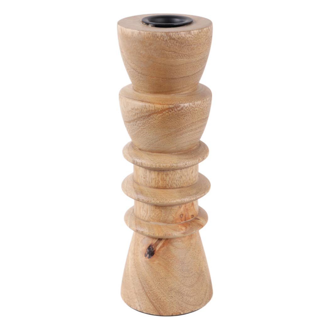 Taper Holder - Tan Wood/Metal Modern Totem Carved, 8 in.