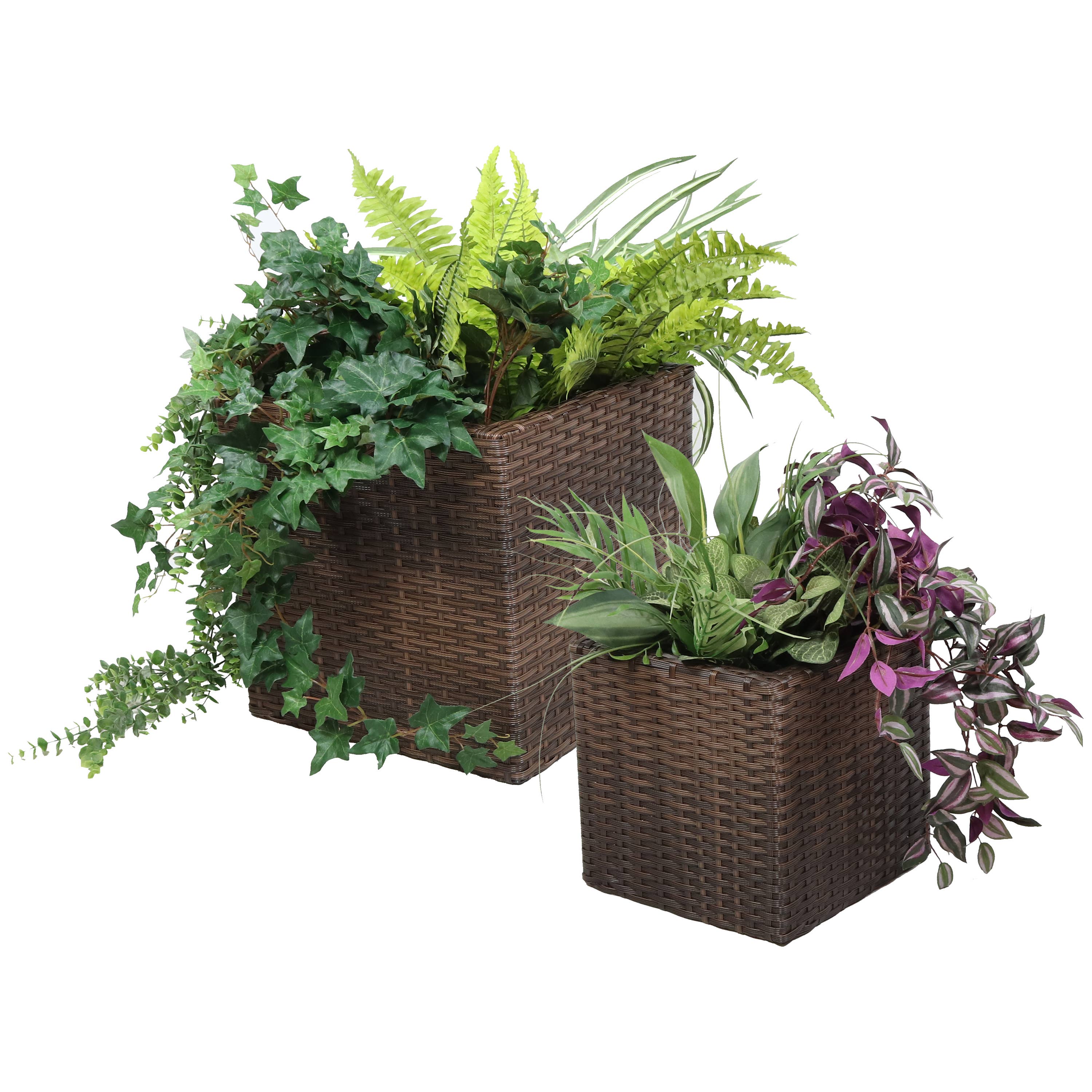 Square Polyrattan Indoor Planters - 1 Large/1 Small - Brown