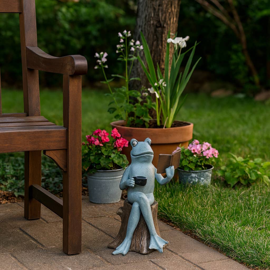 Figurine - Green Resin Frog with Book and Coffee, 13 in.