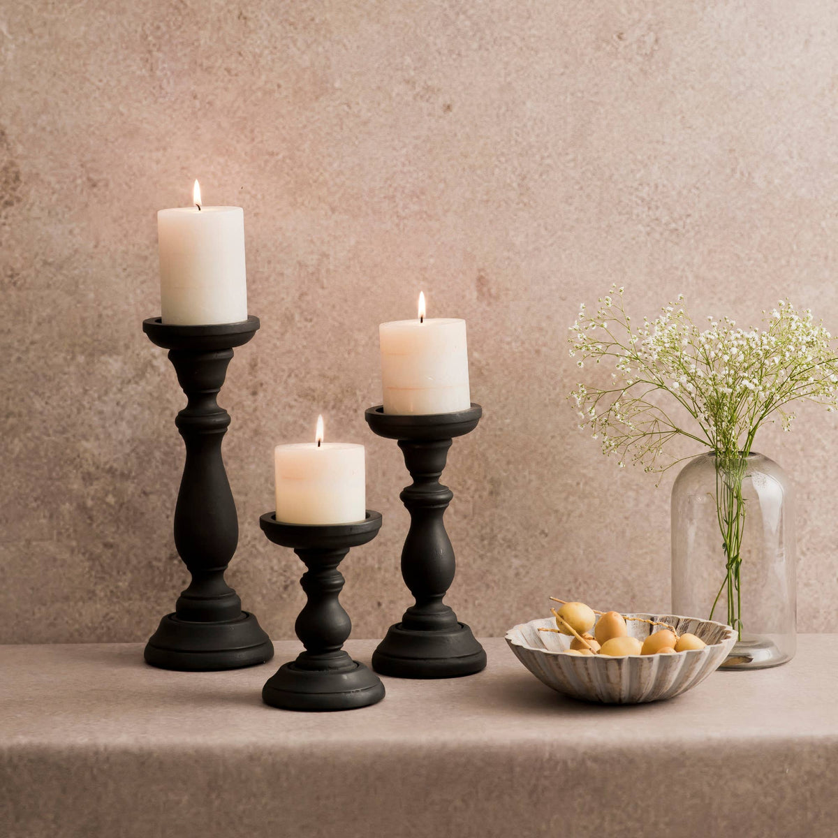 Handcrafted Tuli in Matte Black Candleholder Set of 3