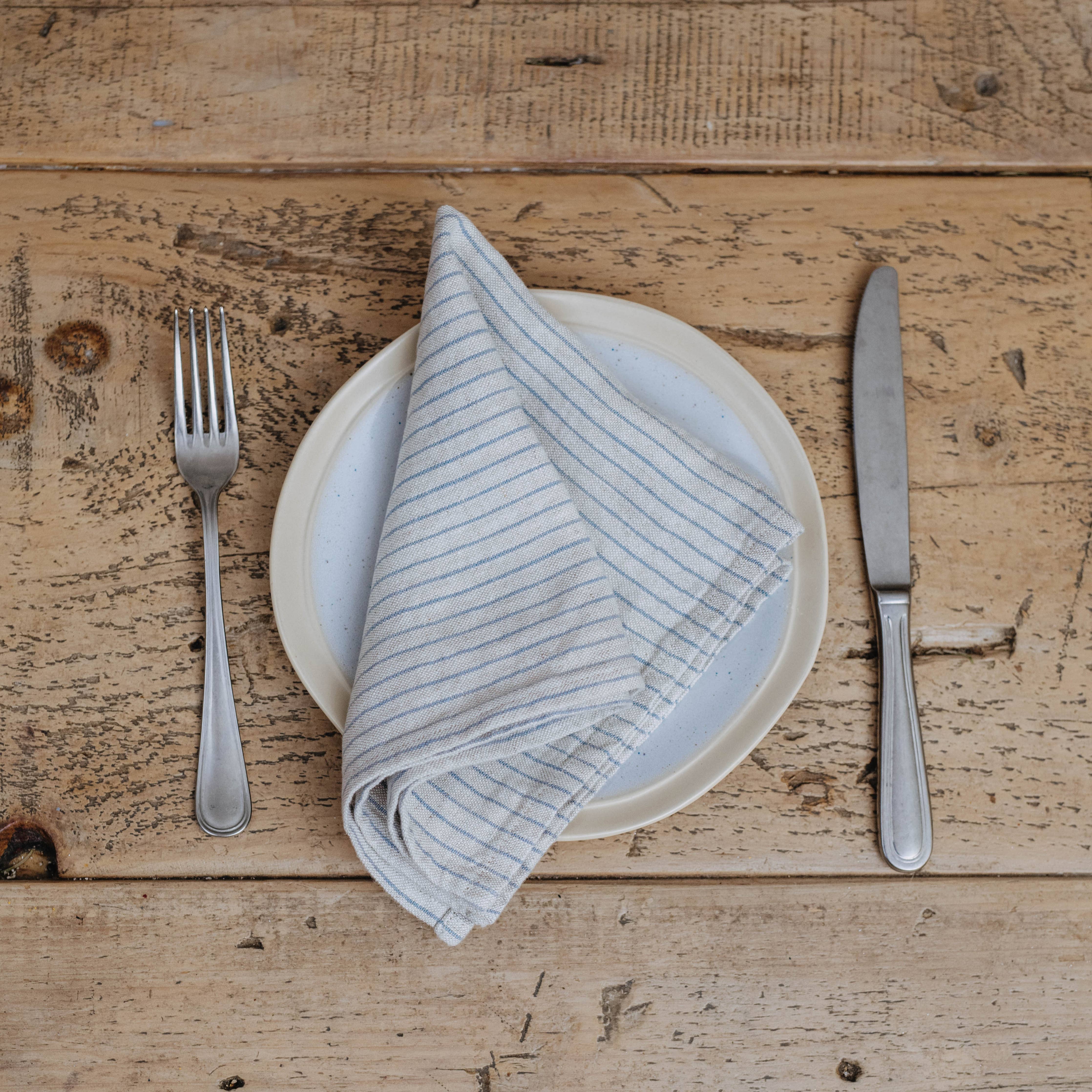 Grey Blue Pinstripe Rustic Linen Napkins Set of 2