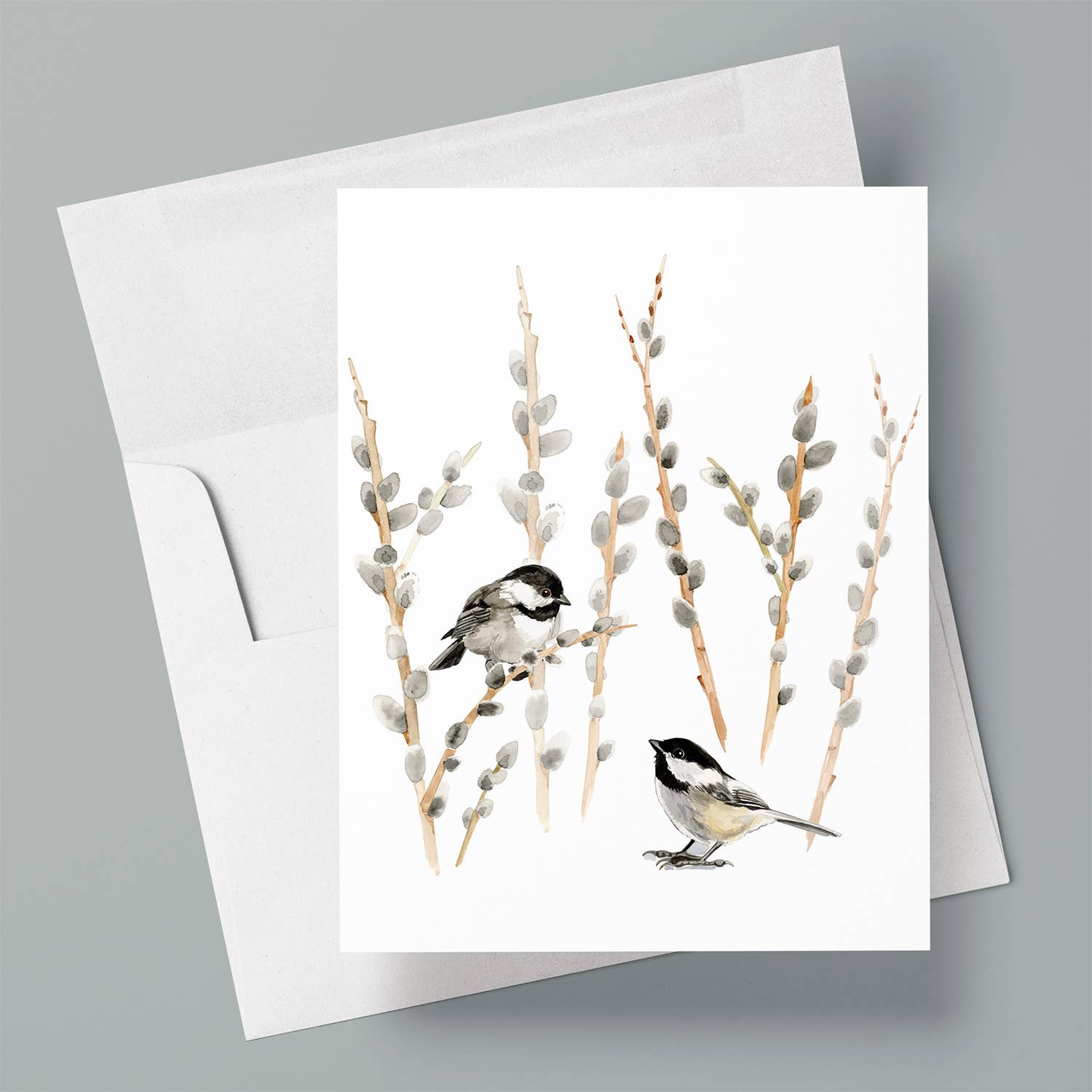 Black Capped Chickadees & Pussywillows / Blank Greeting Card