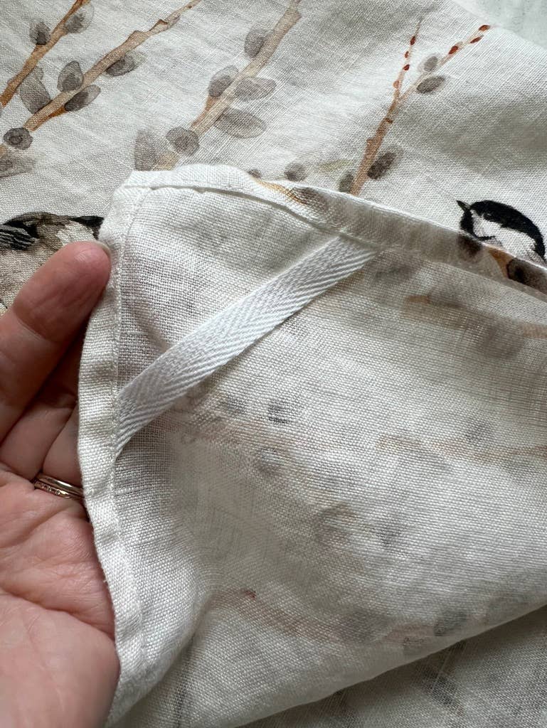 Black Capped Chickadees and Pussy Willows - Linen Tea Towel