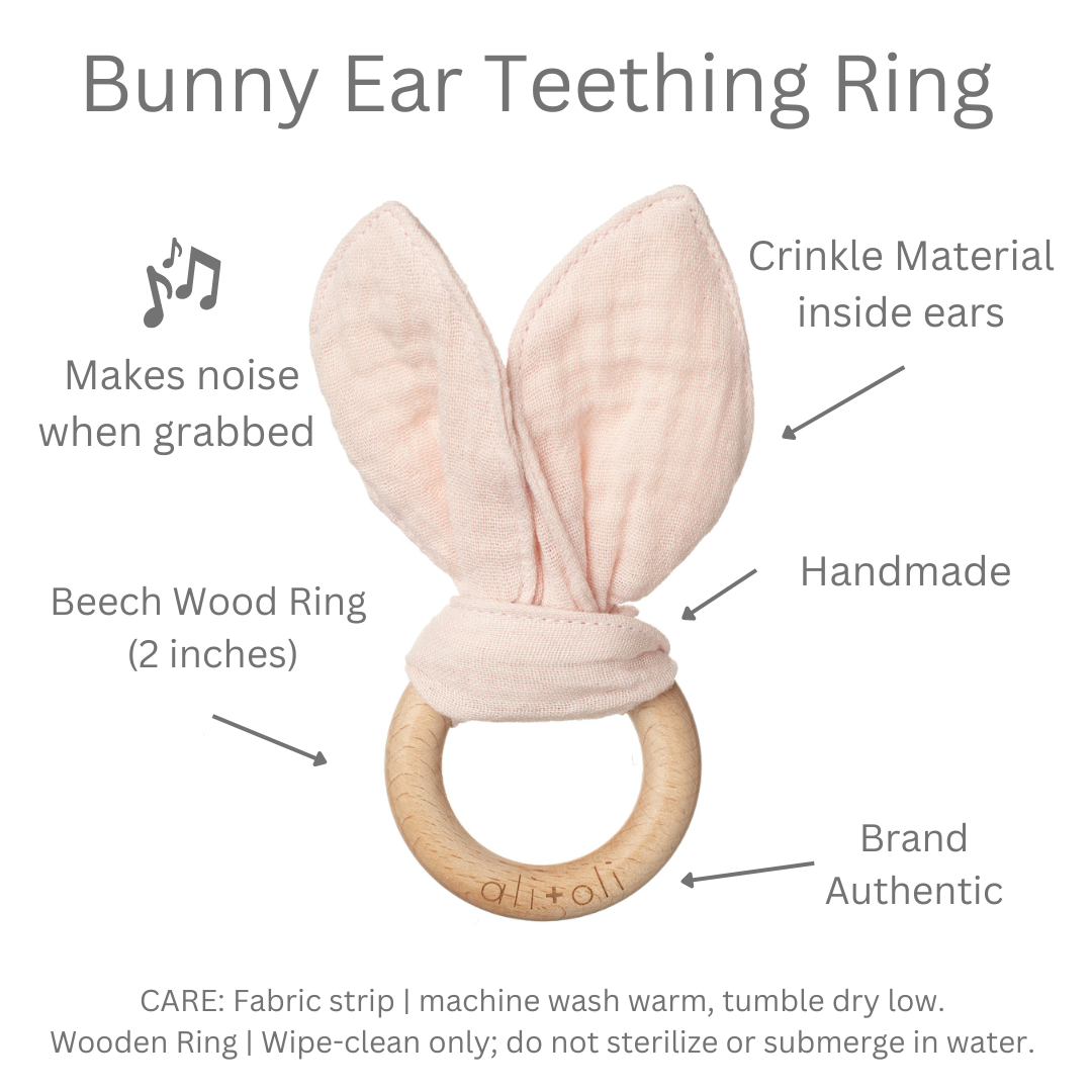 Crinkle Bunny Ears Wooden Ring Teething Toy for Baby (Pink)