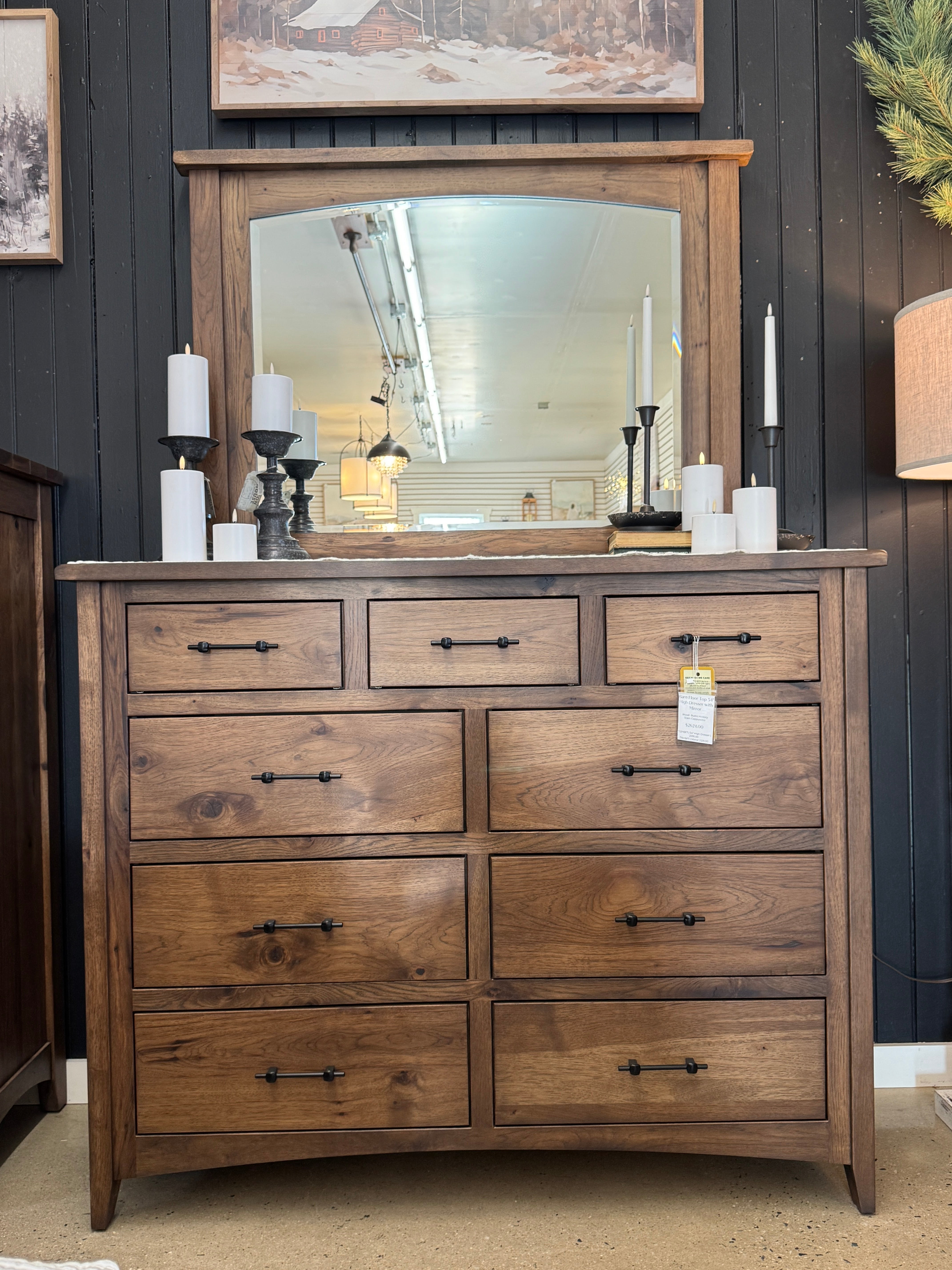 Rustic Hickory - Barn Floor Top 54" High Dresser with Mirror