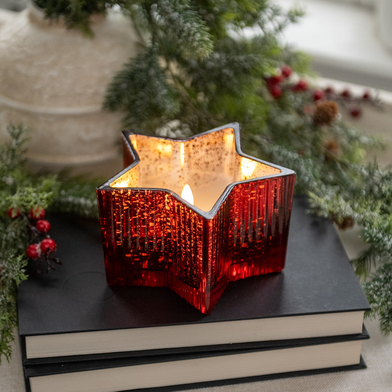 5.5" RED MERCURY GLASS STAR 3D FLAME CANDLE