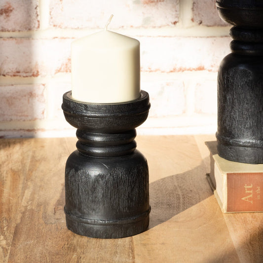 Black Wood Candle Holder 6"